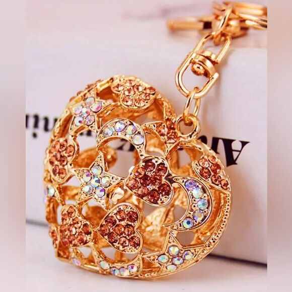 BAG CHARM Large Heart Champagne Crystal Rhinestone Keychain Bag Charm - Picture 2 of 3